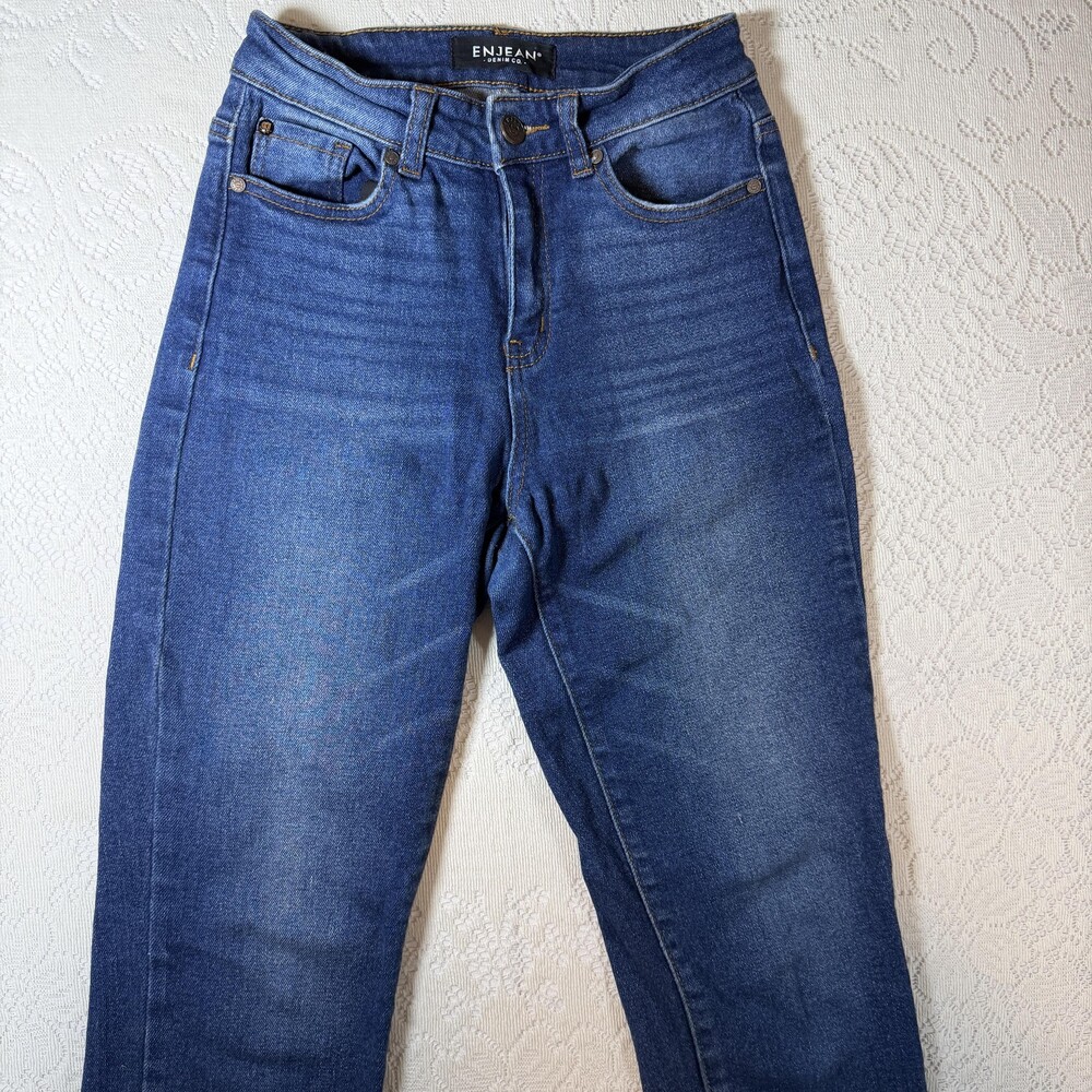 ENJEAN Jeans Juniors 1 Blue High Rise Straight Slim Dark Wash Stretch Denim - Picture 2 of 12